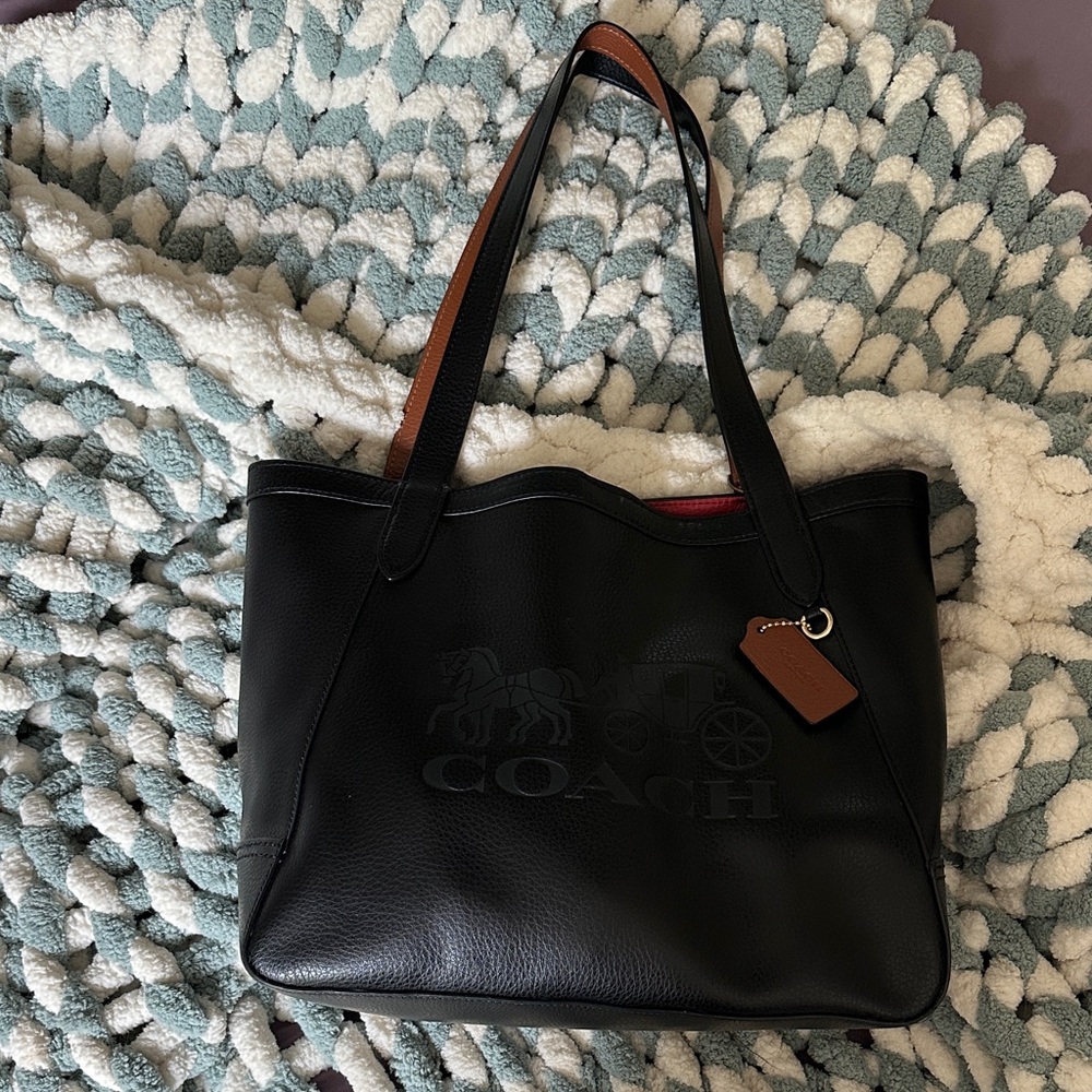 Coach Black Leather Tote with Brown-backed Handles and Red Interior